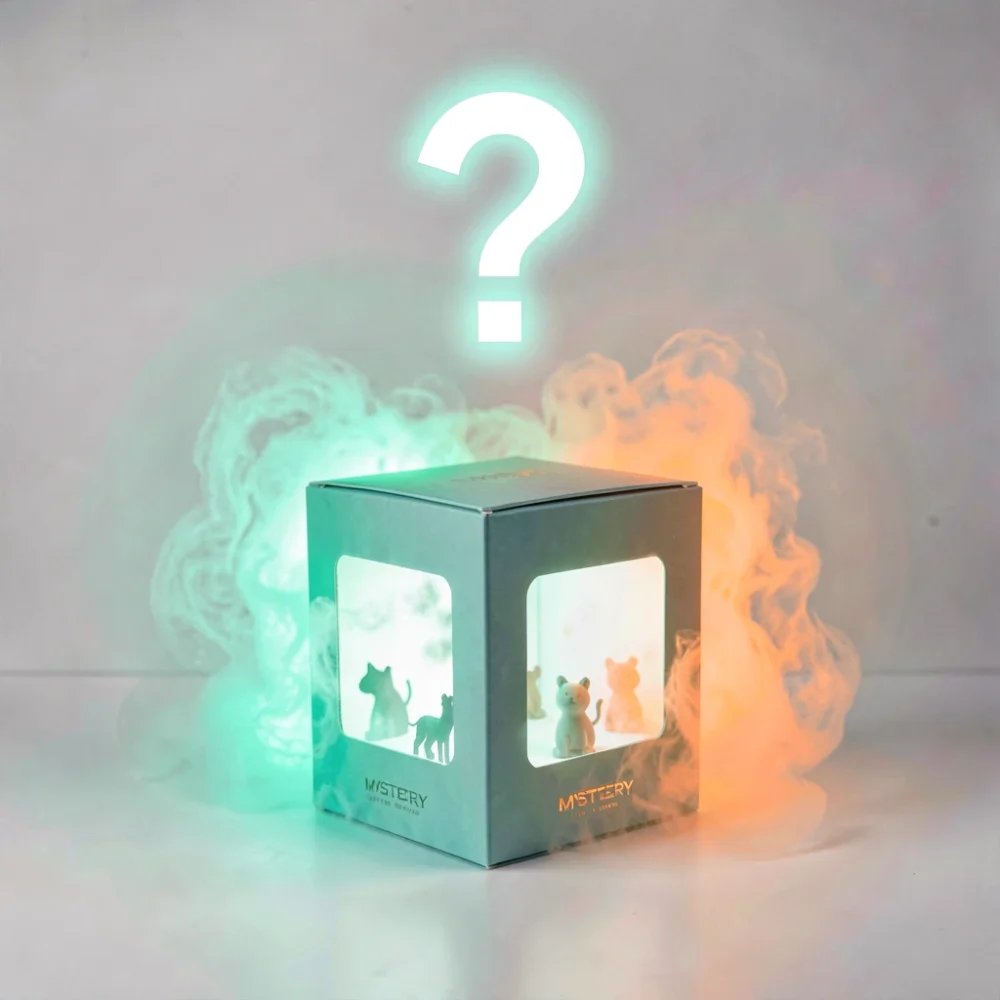 Mystery Vault Pack: dark grey and black cube-shaped mystery box package with clear display windows