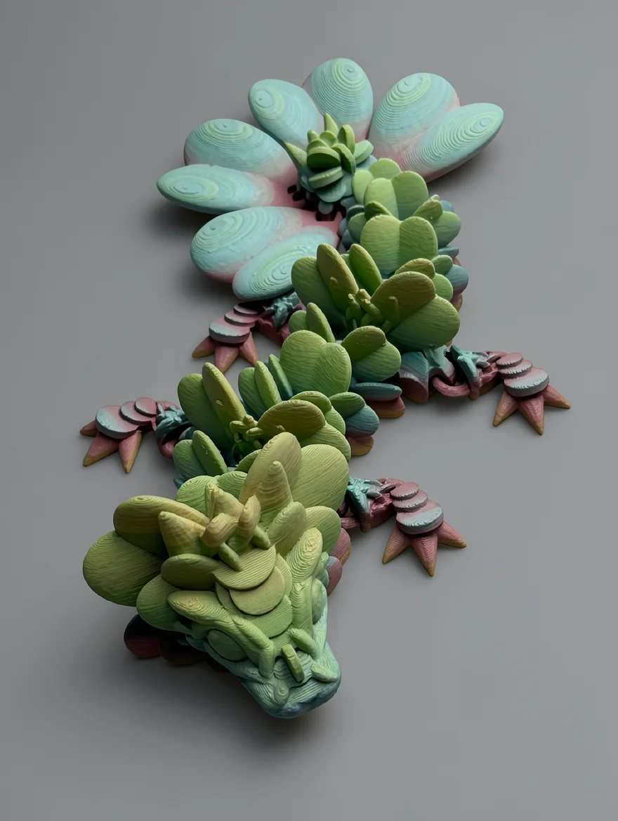 Baby Lucky Clover Dragon: pale green and teal dragon figurine made of succulent plant parts