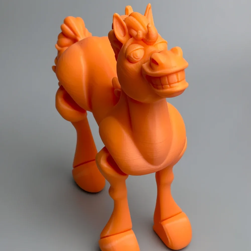 Horse: orange cartoon horse figurine, wide goofy grin with blocky rectangular teeth