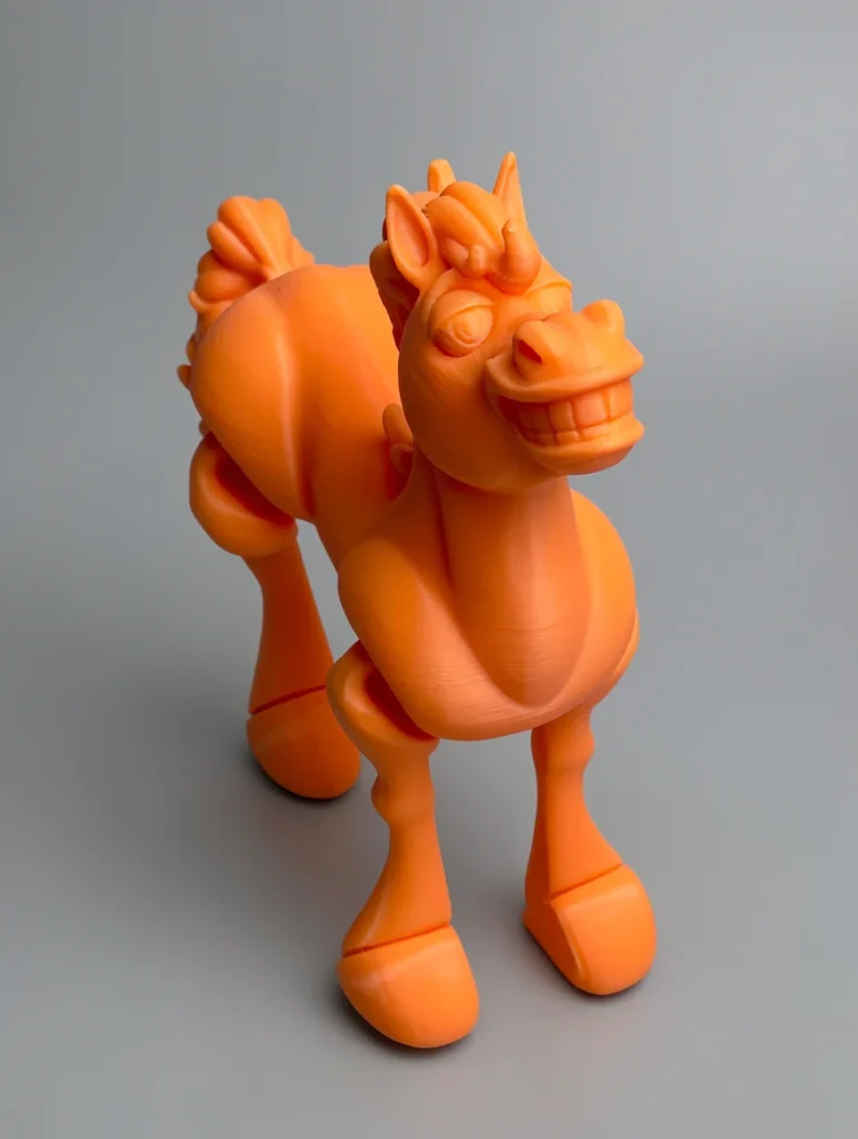 Horse: orange cartoon horse figurine, wide goofy grin with blocky rectangular teeth