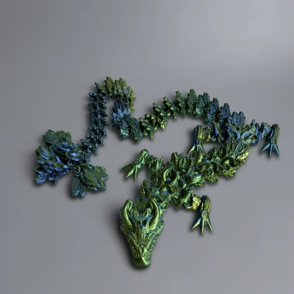 Lunar Dragon: forest green and lime green articulated dragon figurine, backward-sweeping horns