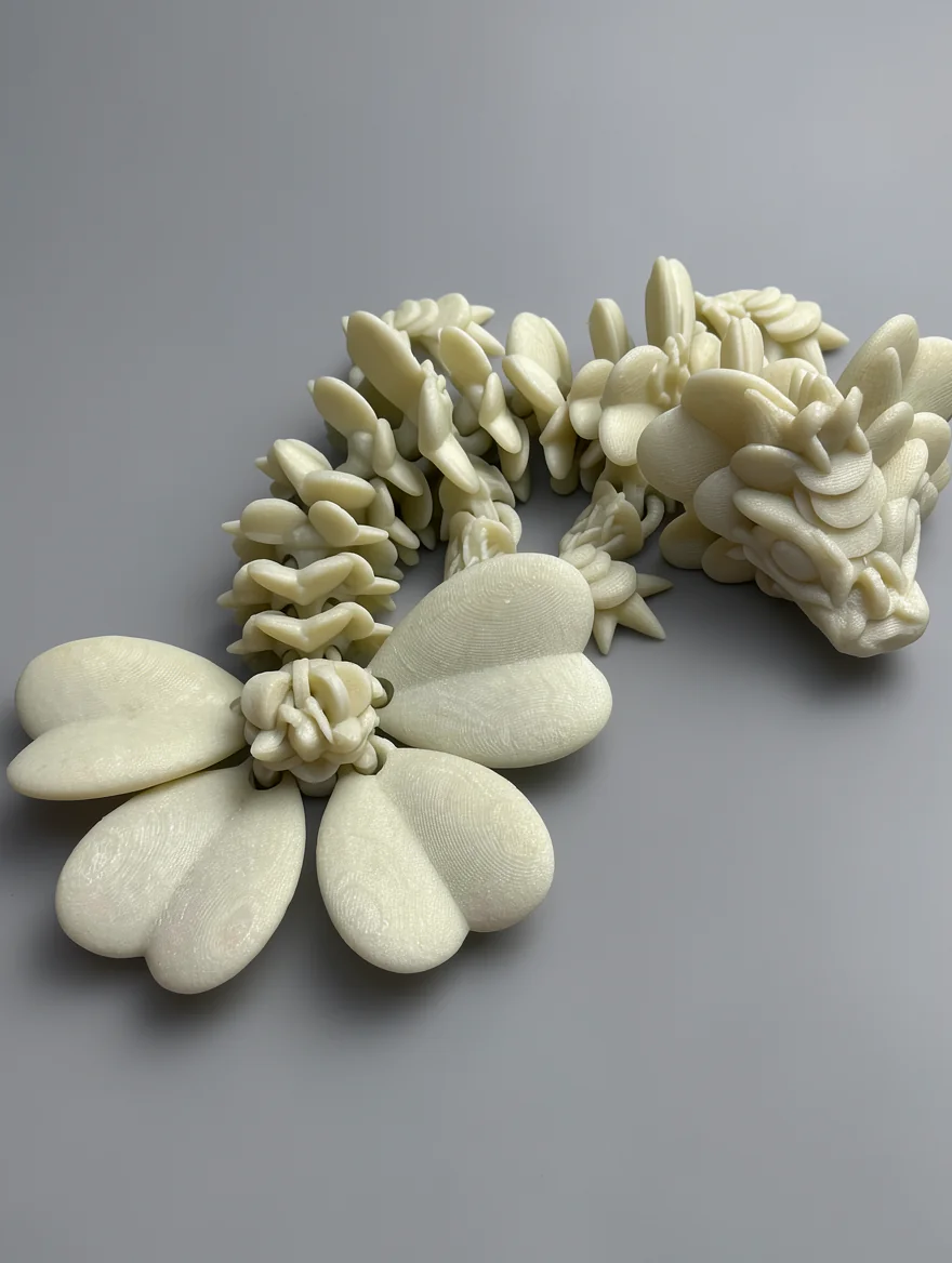 Baby Lucky Clover Dragon: cream (off-white/ivory) printed floral piece - a four-petal flower with a curving leafy/scale…
