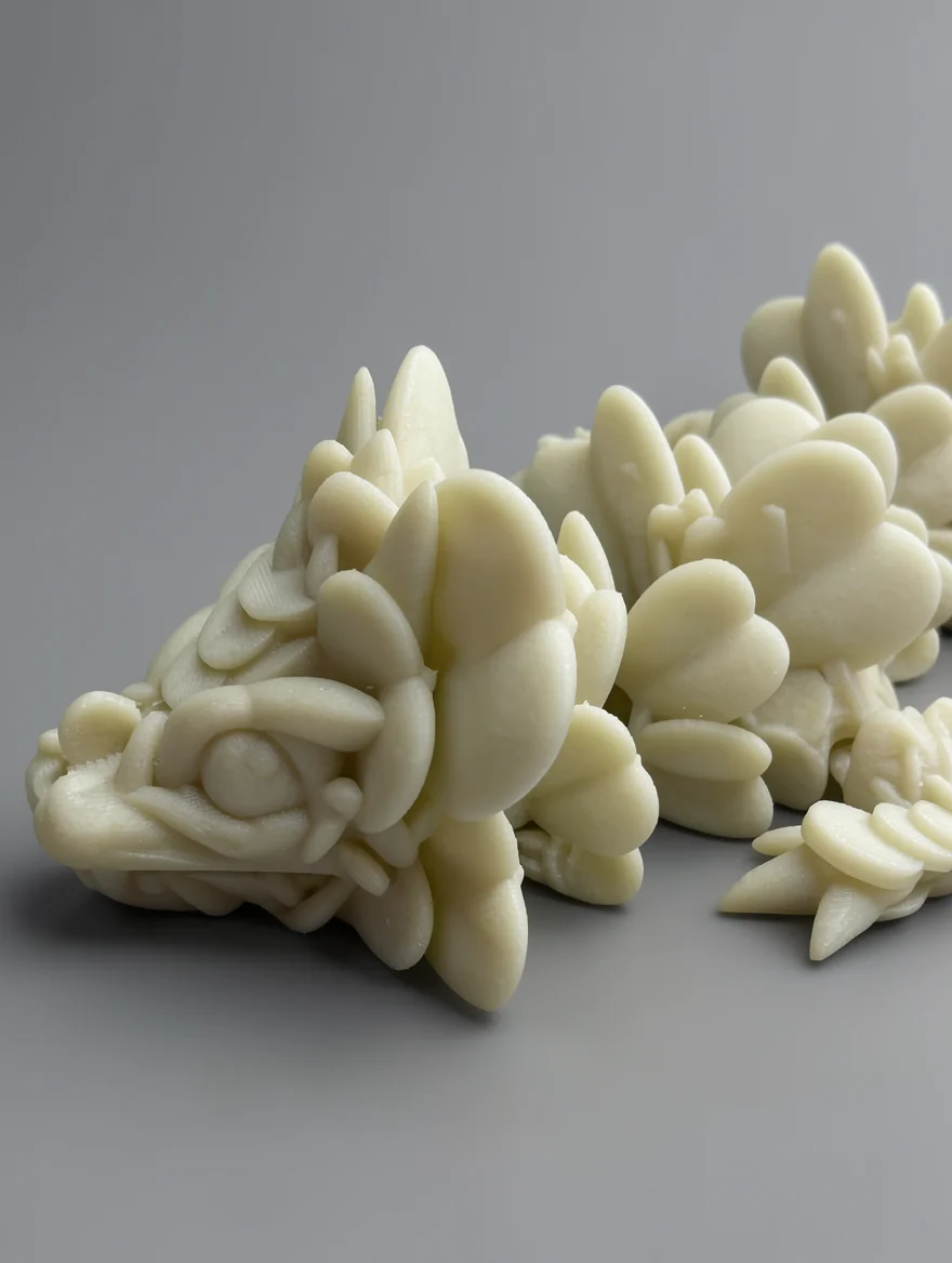 Baby Lucky Clover Dragon: off-white stylized mythical-creature figurine (dragon/serpent-like head, densely covered in…