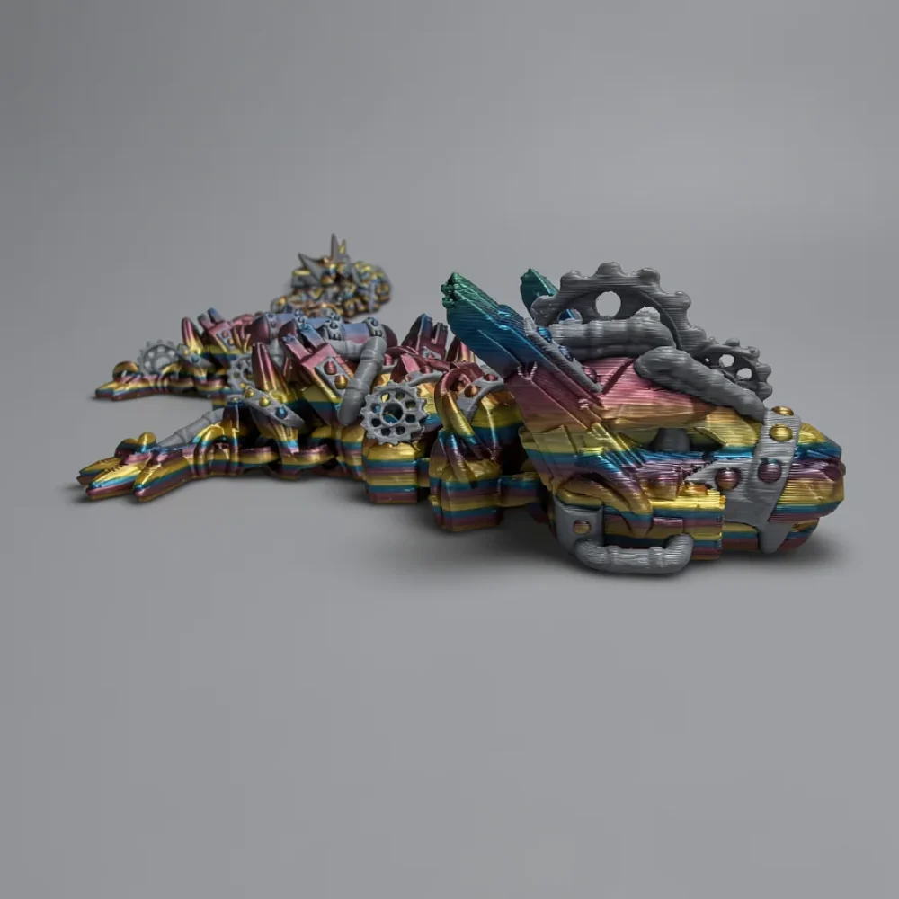 Steampunk Dragon: rainbow gradient (pink, magenta, orange, yellow, green, cyan, blue) and light grey articulated mechanical…