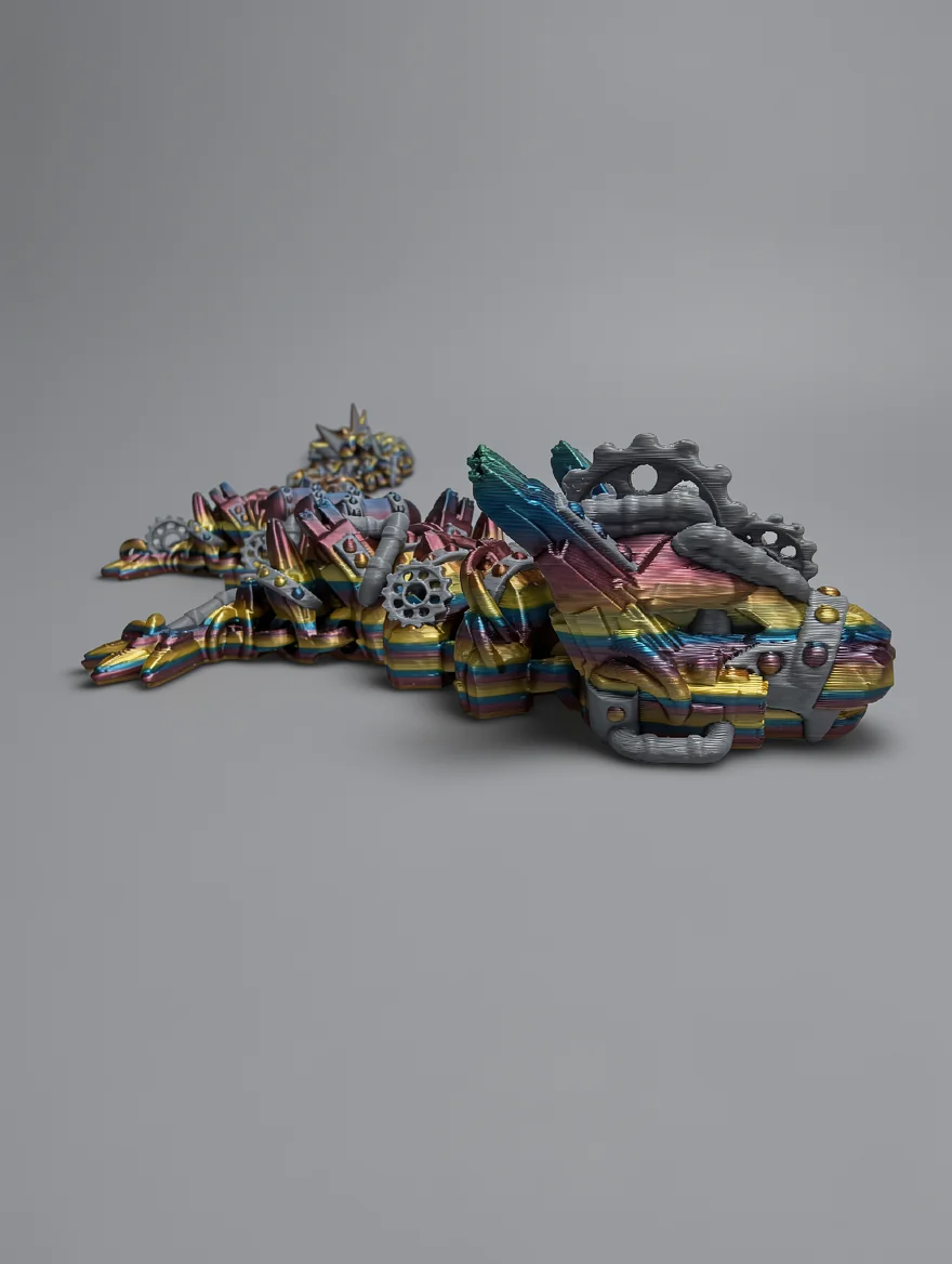 Steampunk Dragon: rainbow gradient (pink, magenta, orange, yellow, green, cyan, blue) and light grey articulated mechanical…