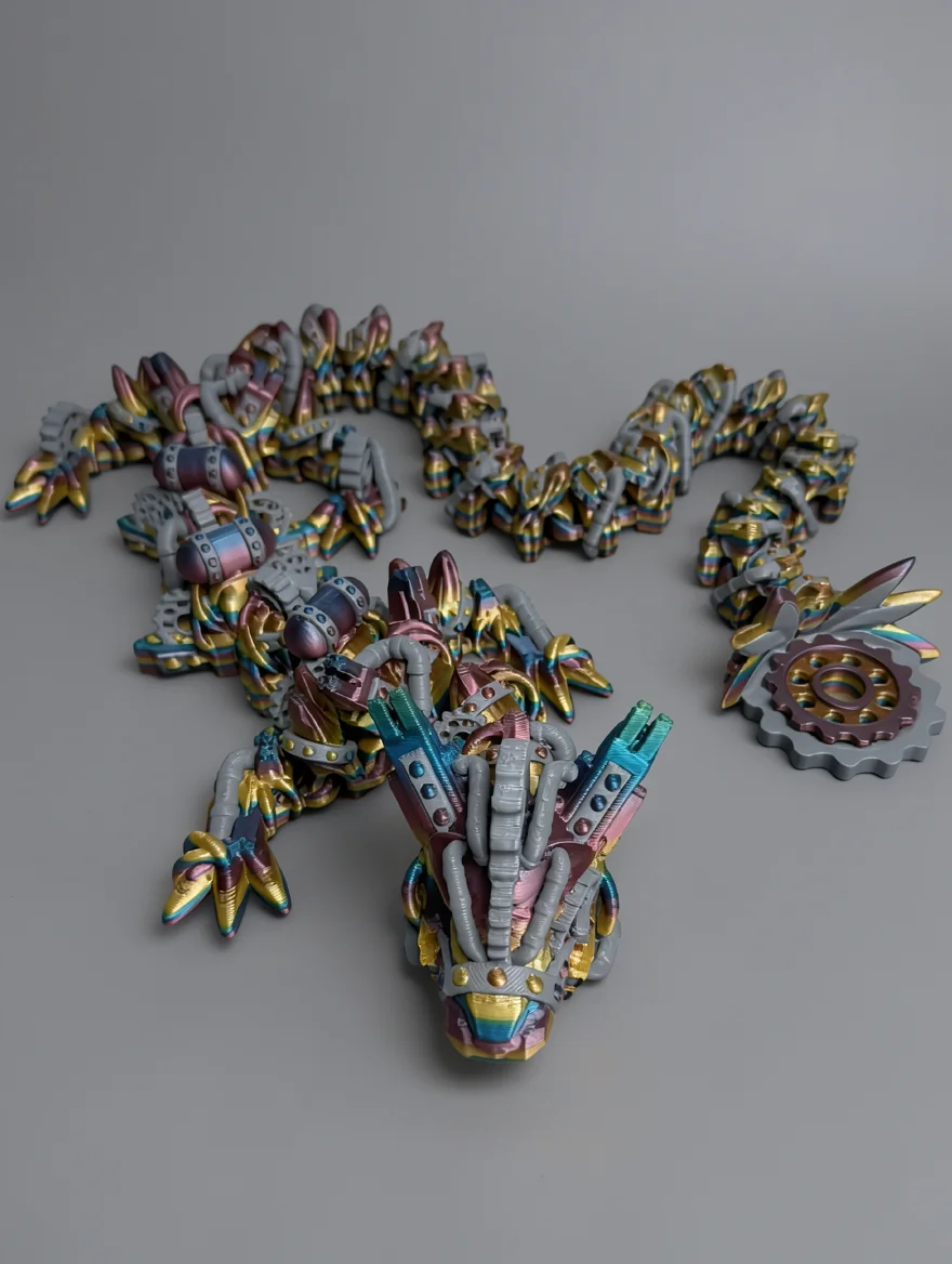 Steampunk Dragon: gold and grey articulated mechanical dragon figurine, pointed armored snout