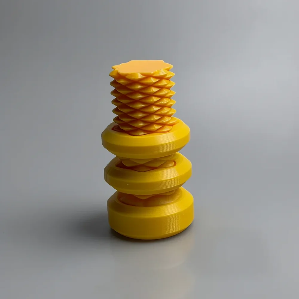 Two Way Screw – 7.5cm: orange and yellow abstract stacked-disc coil totem (stylized coiled spring)