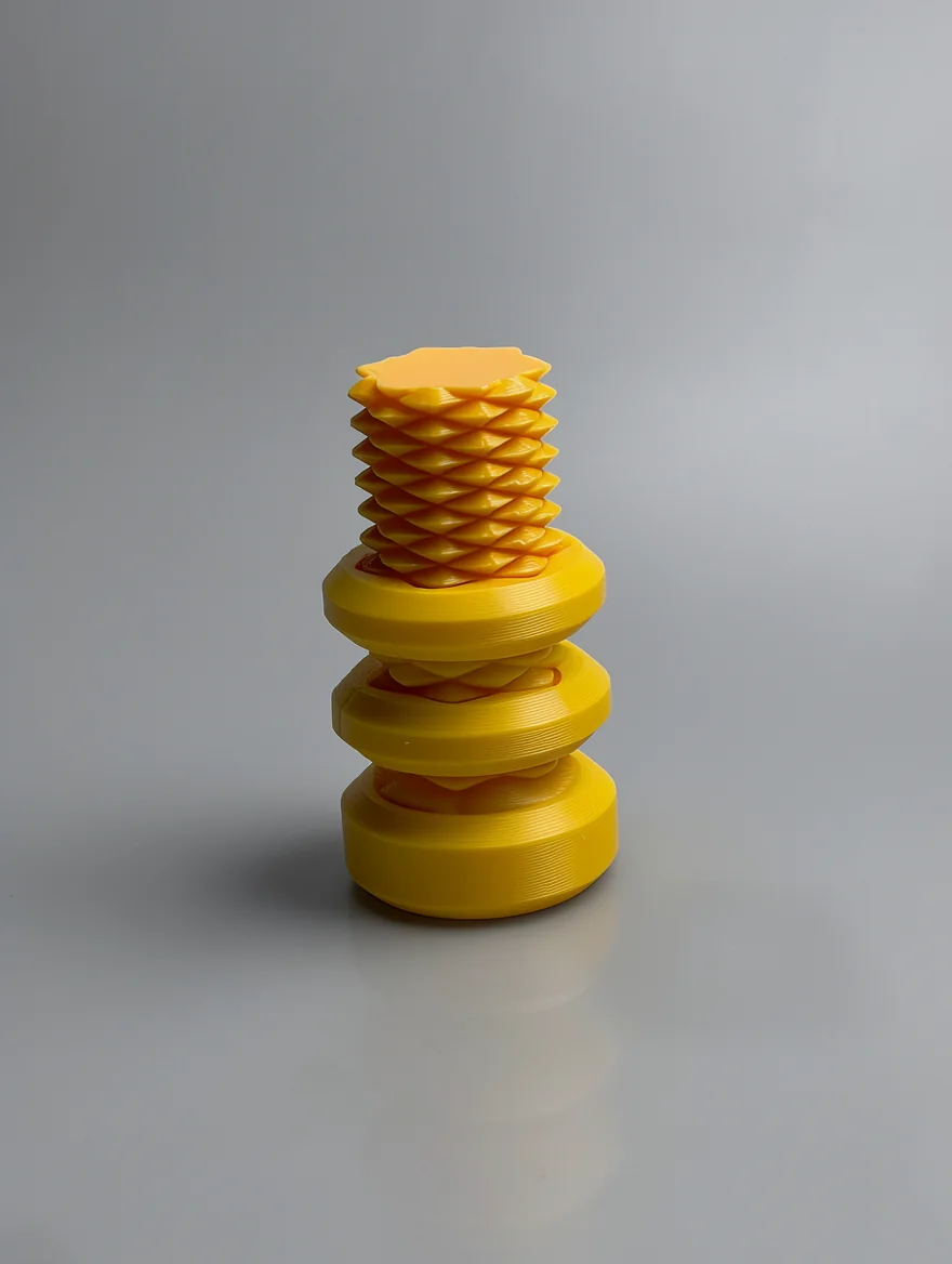 Two Way Screw – 7.5cm: orange and yellow abstract stacked-disc coil totem (stylized coiled spring)