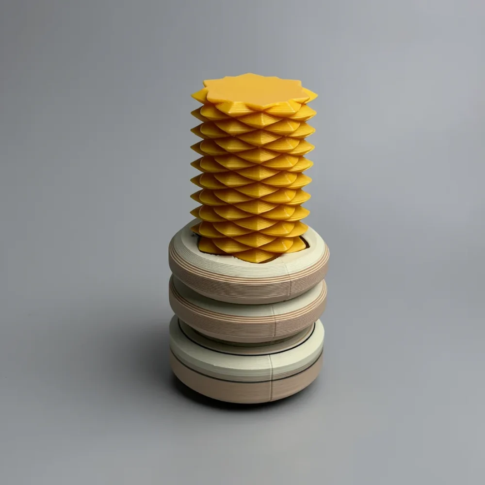 Two Way Screw – 7.5cm: yellow (saturated golden amber on the upper column and scalloped cap); warm tan/peach (topmost base…