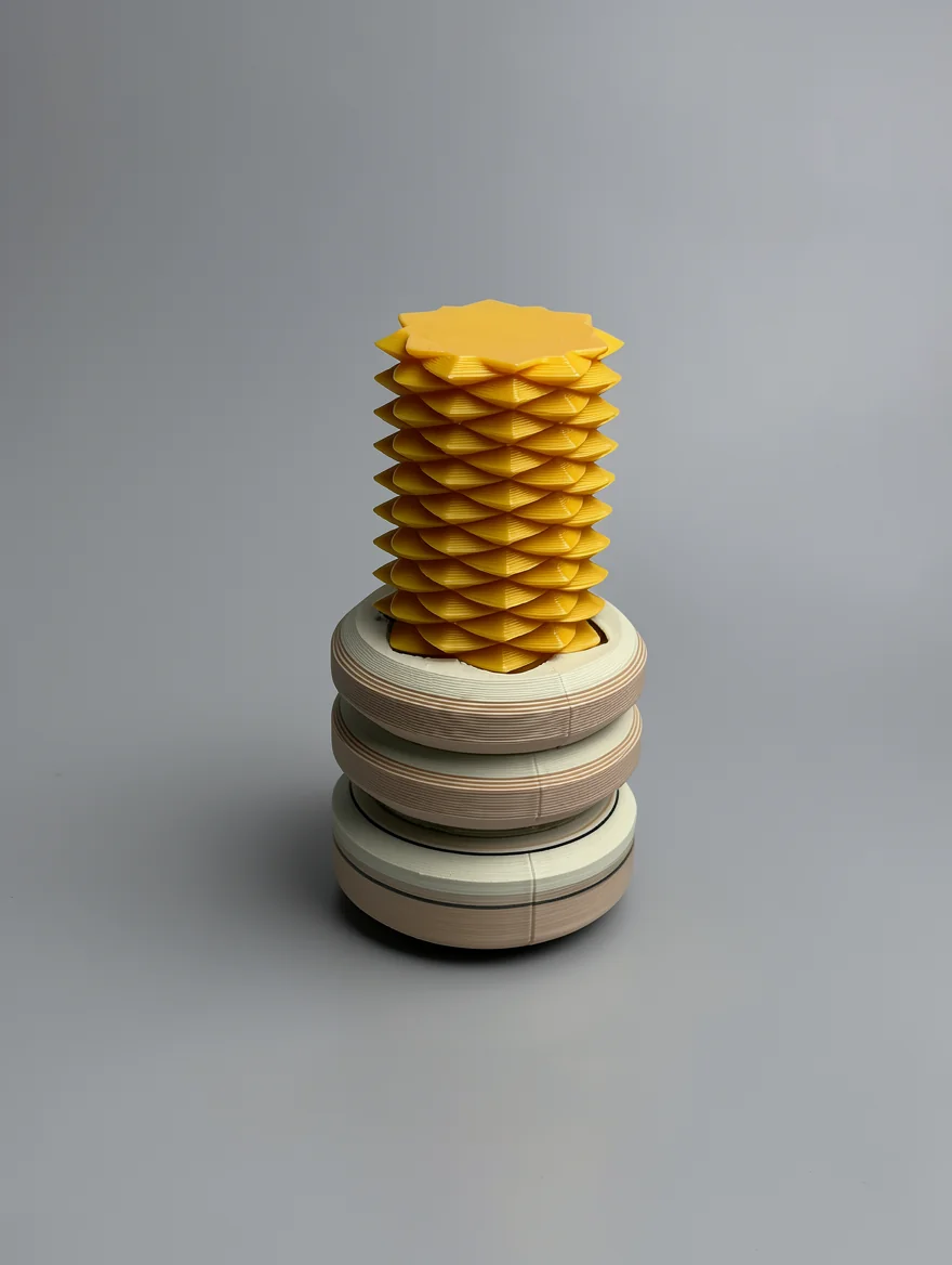 Two Way Screw – 7.5cm: yellow (saturated golden amber on the upper column and scalloped cap); warm tan/peach (topmost base…