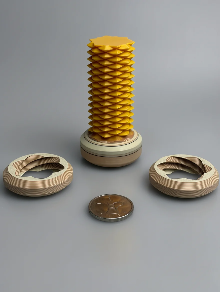 Two Way Screw – 7.5cm: yellow and tan/beige abstract geometric sculpture set: a faceted pleated column on a two-tone…