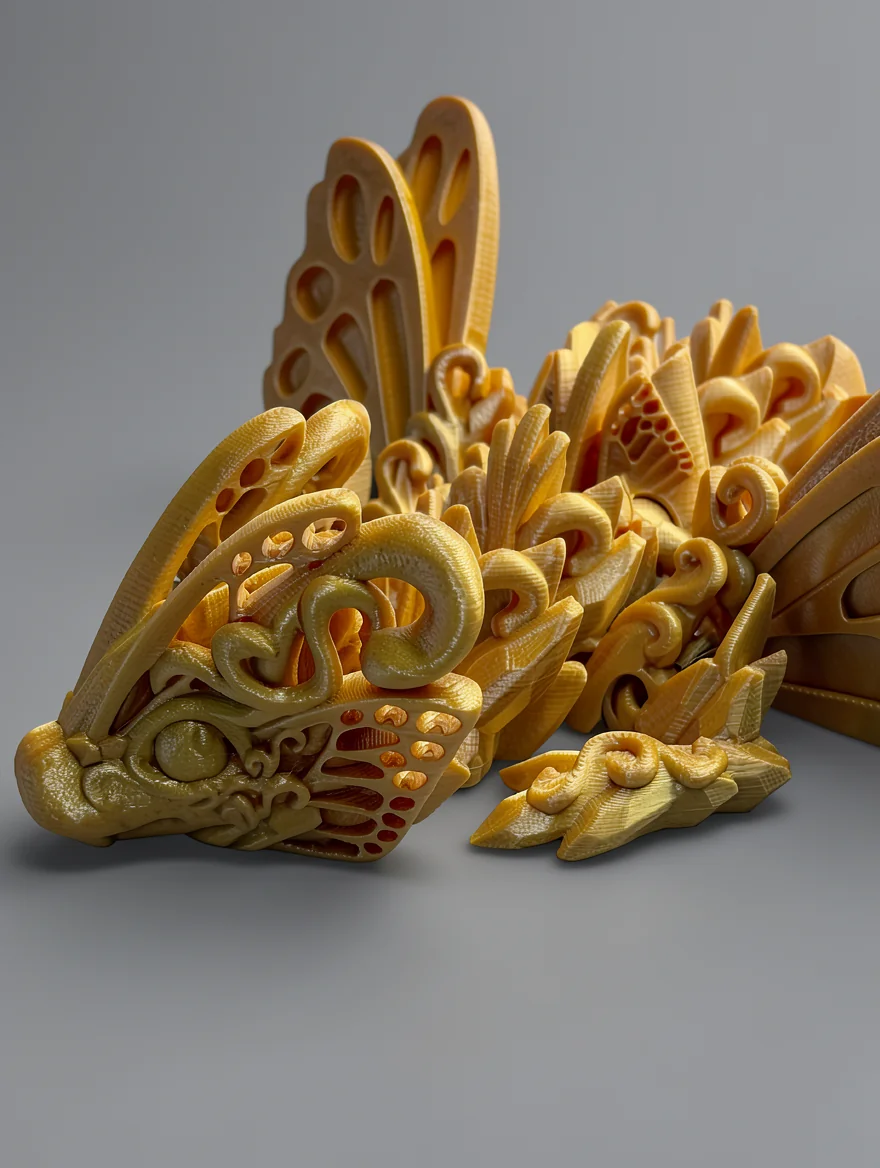 Baby Shortwings Butterfly Dragon: golden yellow and amber dragon-like mythical creature figurine with a detached piece