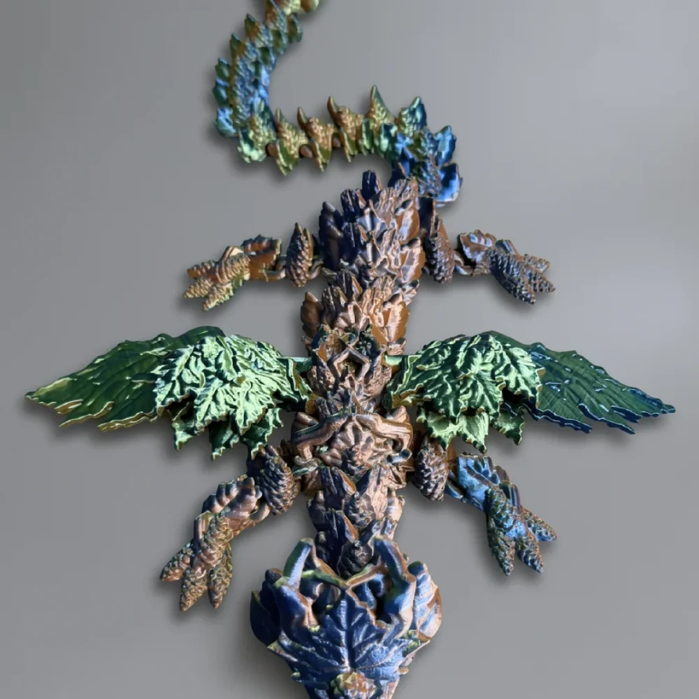 Winged Autumn Dragon: brown and green articulated dragon figurine