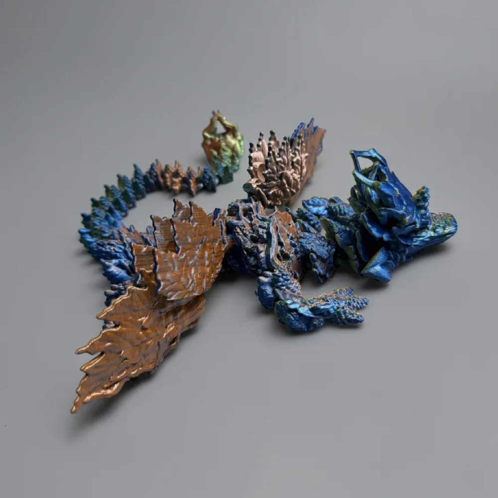 Winged Autumn Dragon: blue and copper articulated crystalline dragon figurine, crystalline jagged texture across entire body