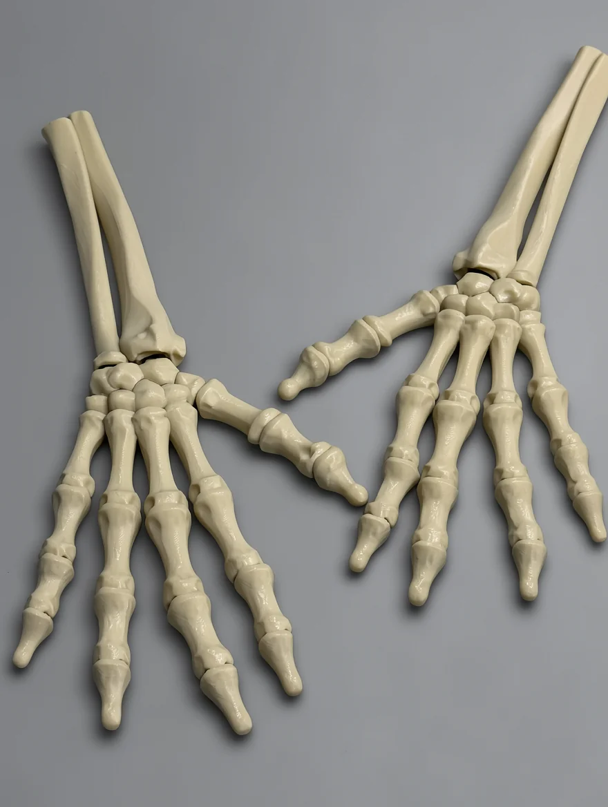 Skeleton Hand (Left): cream anatomical hand bone model (disassembled, with detached thumbs)