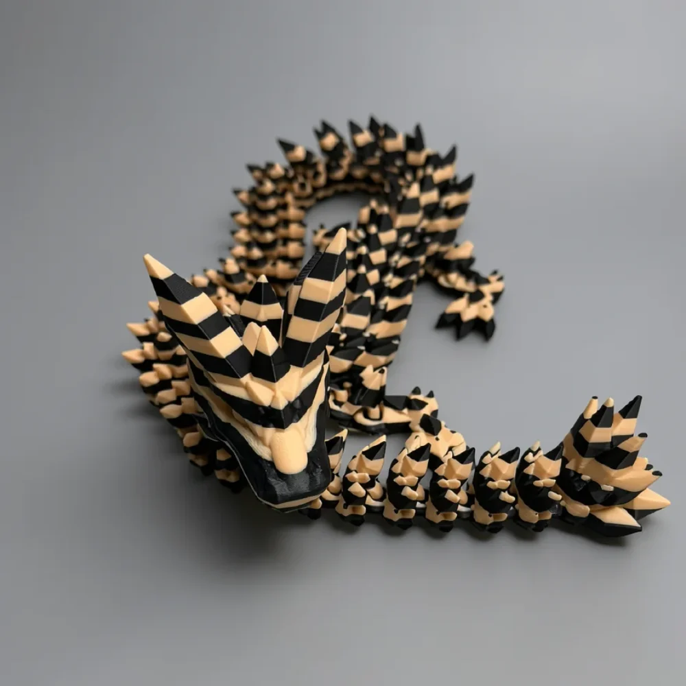 Crystal Dragon: black and beige articulated dragon figurine, interlocking segmented body