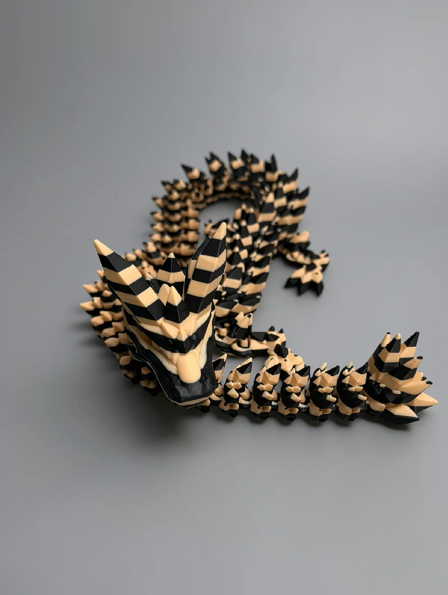 Crystal Dragon: black and beige articulated dragon figurine, interlocking segmented body