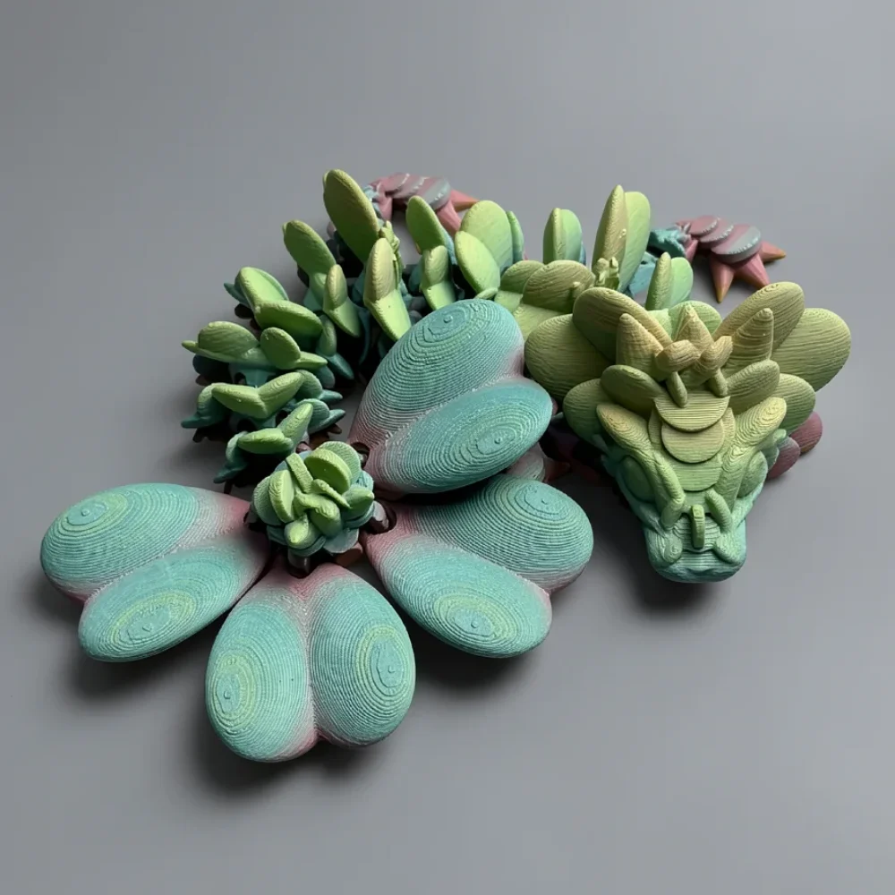 Baby Lucky Clover Dragon: mint green and pale yellow cluster of botanical-fantasy 3D-printed sculptures: a gradient flower…