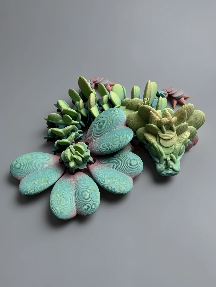 Baby Lucky Clover Dragon: mint green and pale yellow cluster of botanical-fantasy 3D-printed sculptures: a gradient flower…