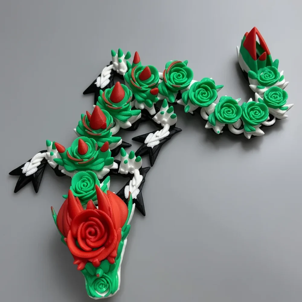 Baby Rose Dragon: green and red 3D-printed number '7' sculpture constructed from floral and thorny elements