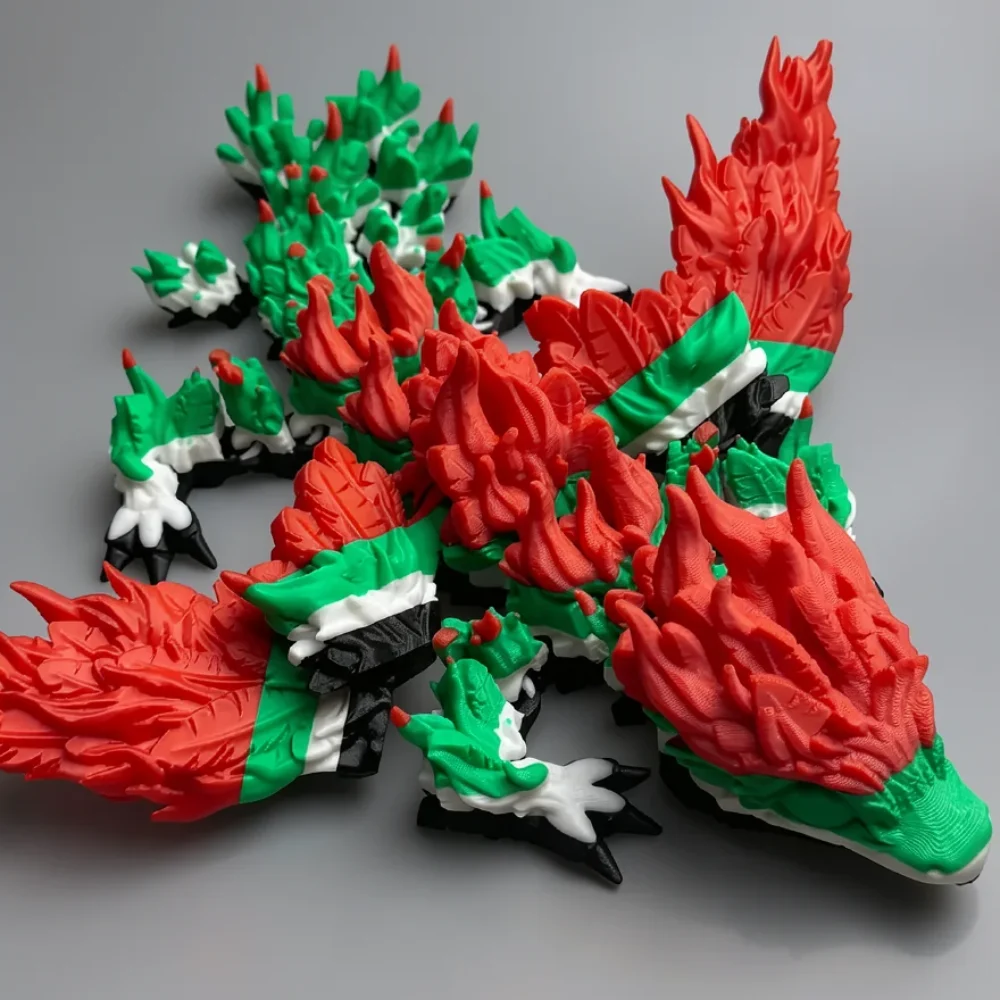 Baby Phoenix Dragon: red and green multi-headed dragon figurine
