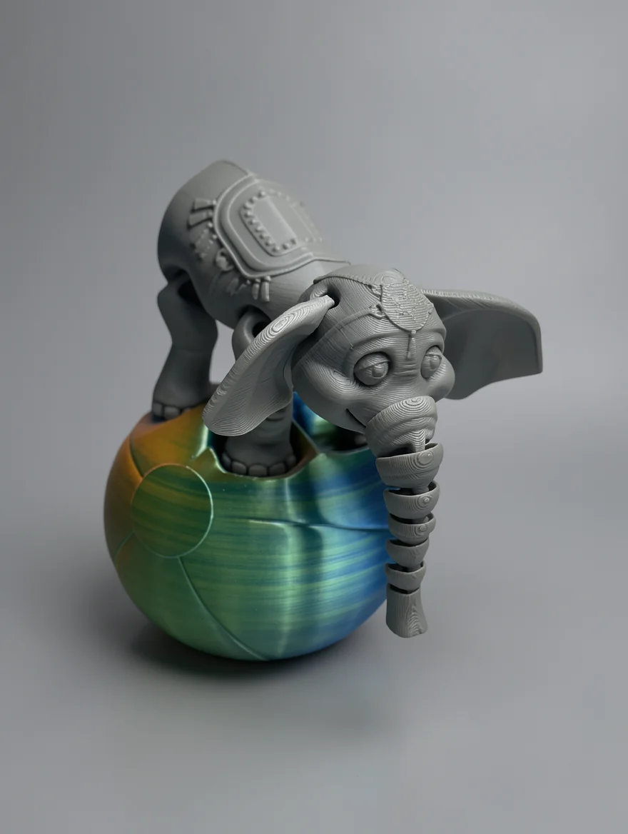 Circus Elephant Set: grey and green elephant figurine emerging from a colorful egg, segmented ring-like trunk