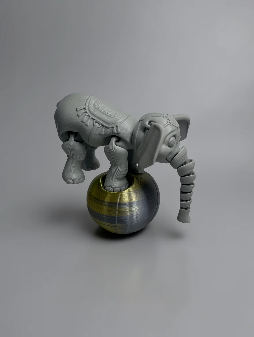 Circus Elephant Set: grey and metallic gold elephant figurine balancing on a sphere
