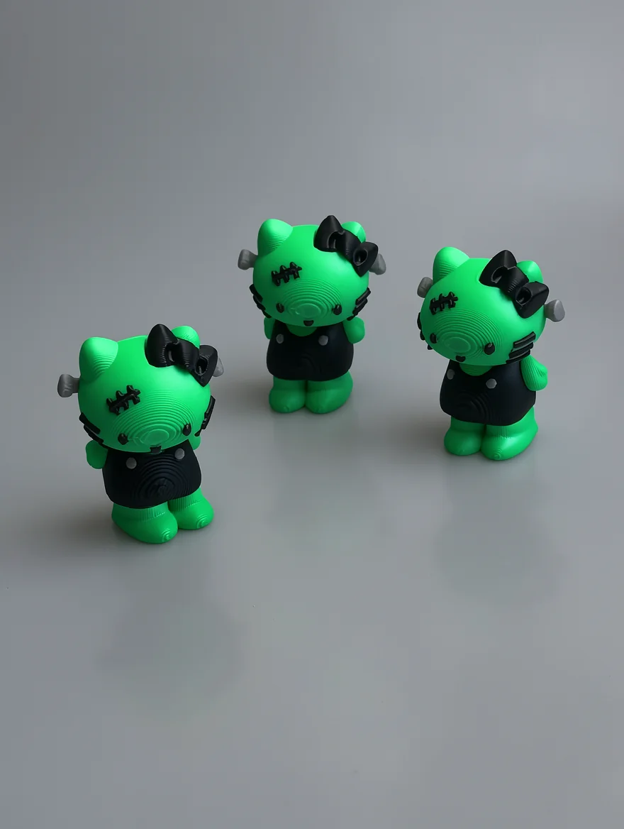 Frankenstein Hello Kitty: lime green and black Hello Kitty Frankenstein gothic figurine, black stitch markings on forehead