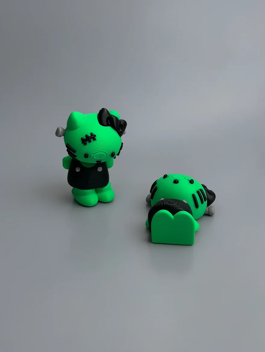 Frankenstein Hello Kitty: neon green and black two Hello Kitty Frankenstein mashup figurines (one standing upright, one…