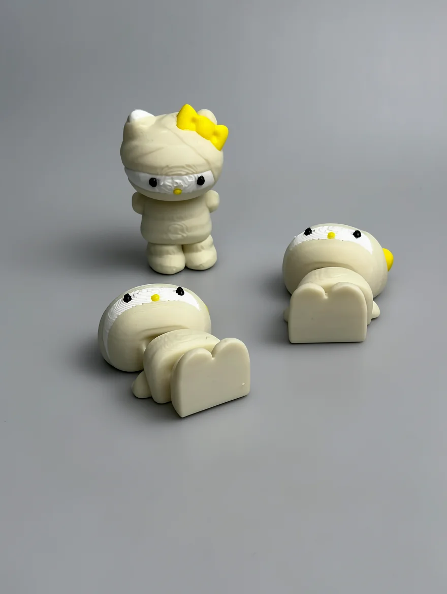 Mummy Hello Kitty: off-white and yellow Hello Kitty figurine (mummy/bandage theme), yellow bow on left ear
