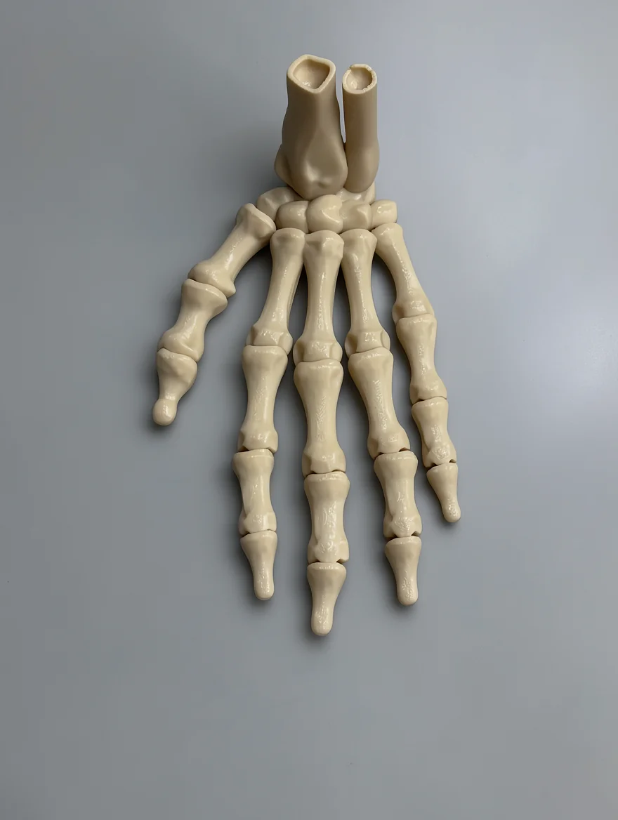 Upright Skeleton Hand (Left): off-white and cream articulated hand skeleton model, hollow forearm bone openings at the top