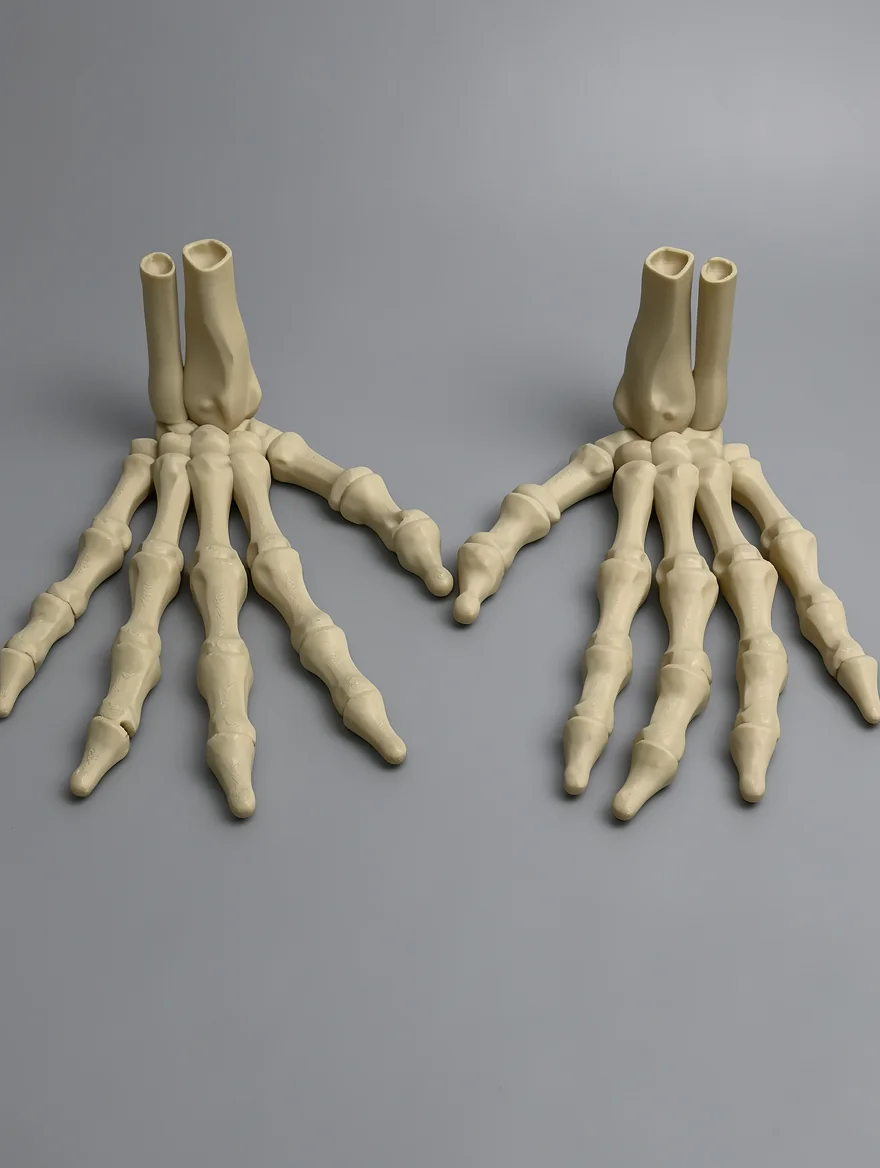 Upright Skeleton Hand (Left): creamy beige and off-white anatomical hand skeleton model pair, hollow forearm bone ends