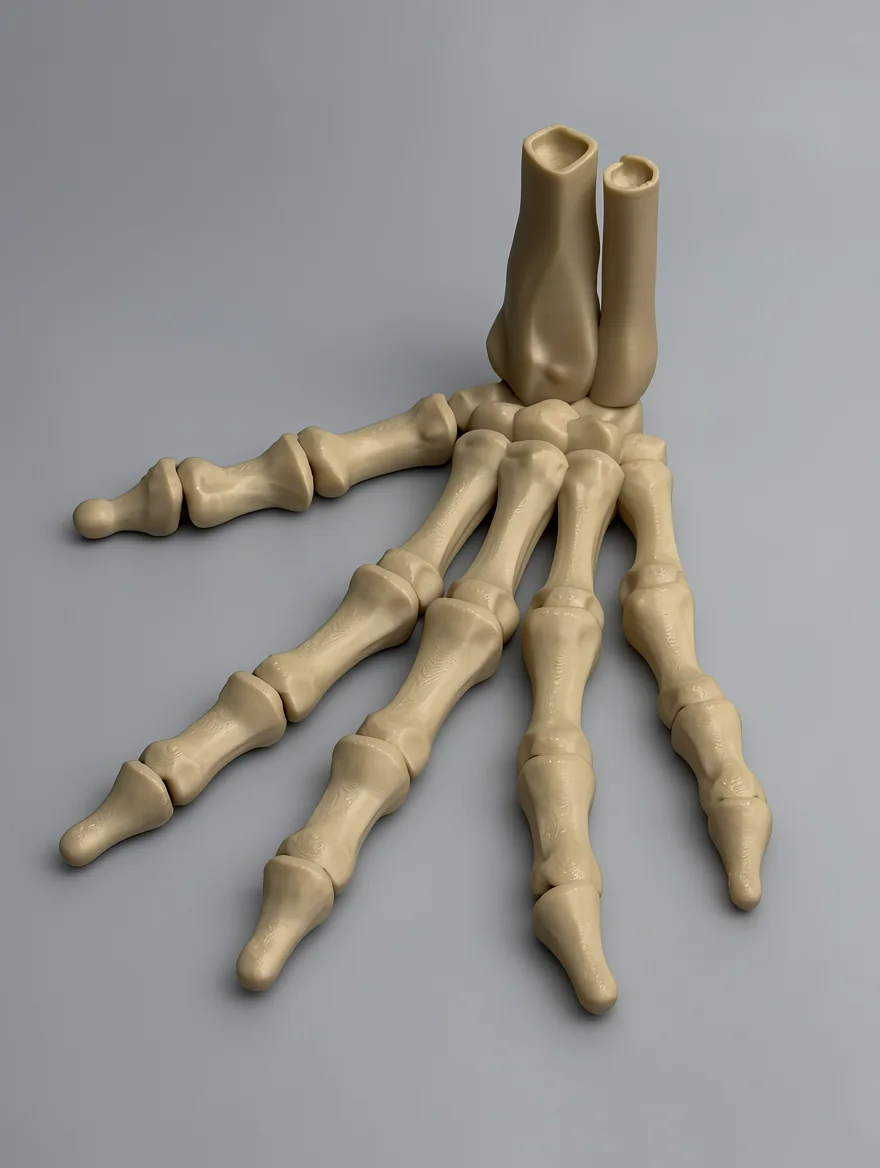 Upright Skeleton Hand (Left): beige skeletal hand model, five fingers each with three phalangeal segments
