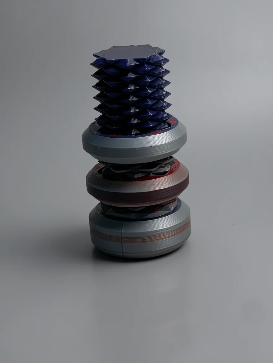 Two Way Screw – 7.5cm: light gray and dark navy blue segmented articulated column (vertical stack of connected segments…
