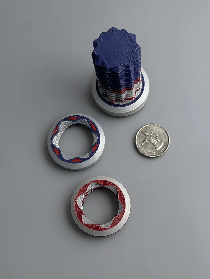 Two Way Screw – 7.5cm: white and red interlocking rings, jagged star-like perimeter on top ring
