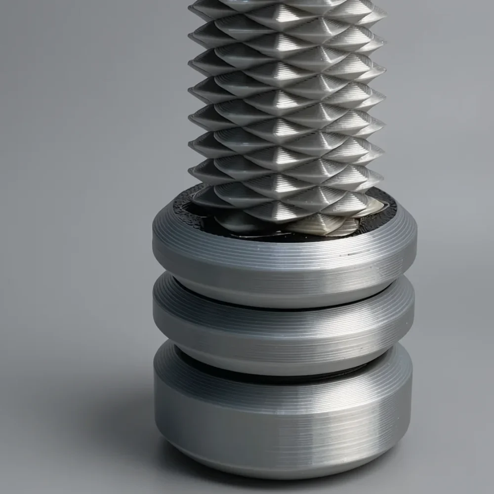 Two Way Screw – 7.5cm: silver and grey tall upright object: a scalloped flat cap atop a faceted lattice column of stacked…