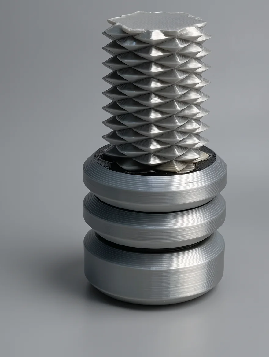 Two Way Screw – 7.5cm: silver and grey tall upright object: a scalloped flat cap atop a faceted lattice column of stacked…