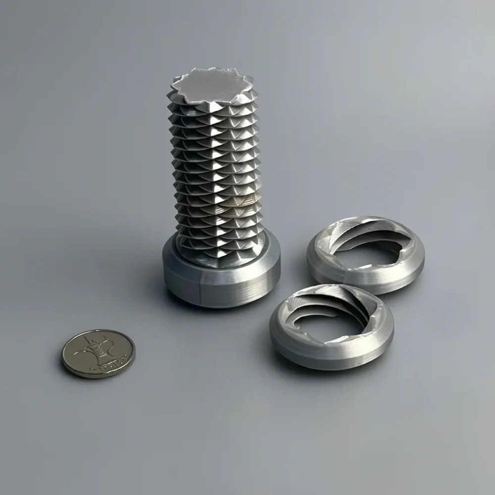 Two Way Screw – 7.5cm: silver geometric bolt sculpture with matching ring nuts, pyramidal stacked thread pattern on shaft