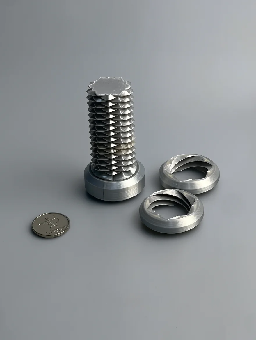 Two Way Screw – 7.5cm: silver geometric bolt sculpture with matching ring nuts, pyramidal stacked thread pattern on shaft