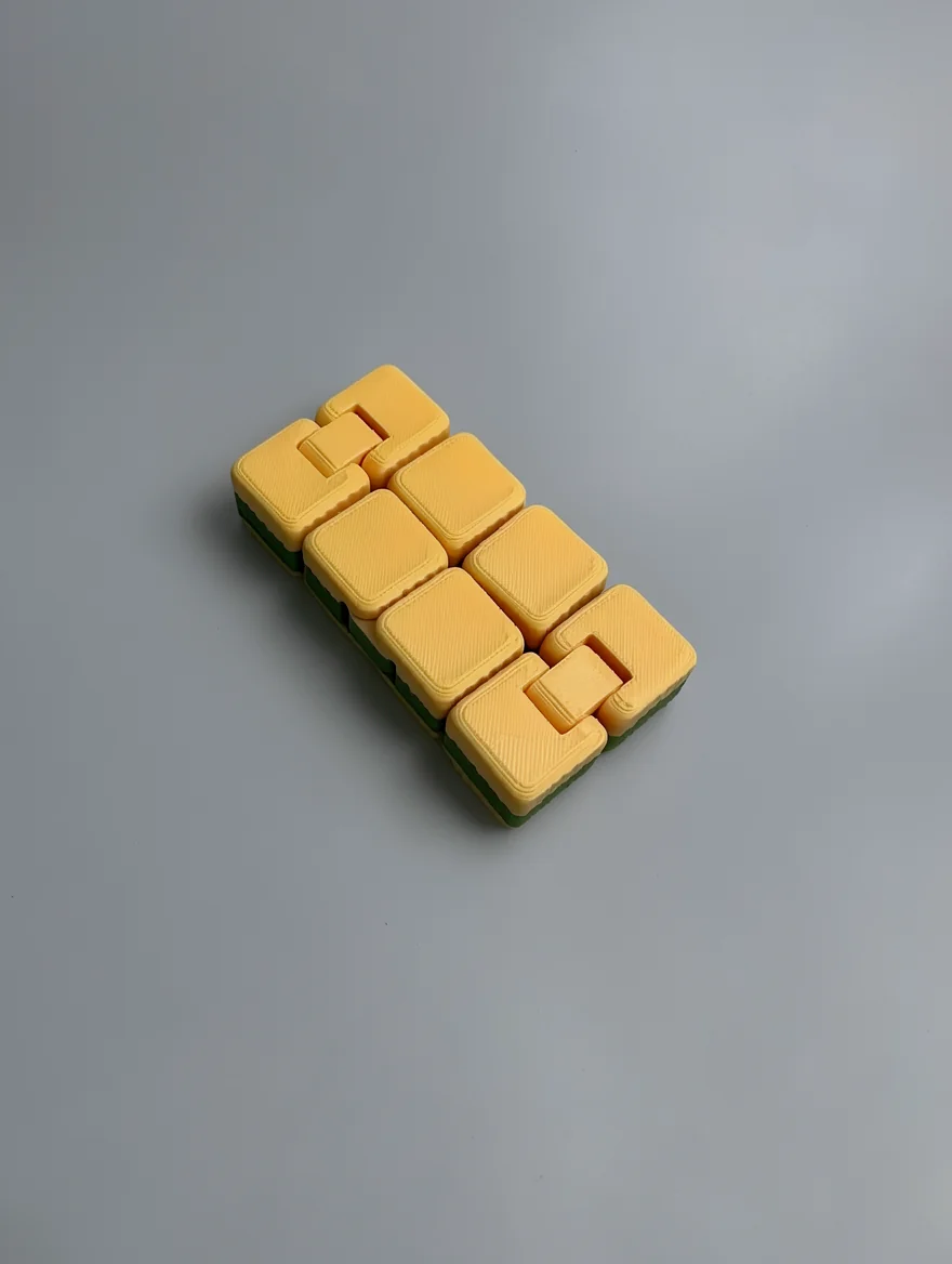 Infinity Cube: cream-yellow and dark green interlocking block puzzle (cluster of rectangular blocks with tabs and slots)