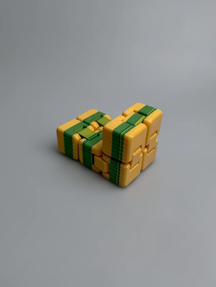 Infinity Cube: golden-yellow and dark green interlocking cube puzzle, L/V-shaped two-arm cluster joined at a corner