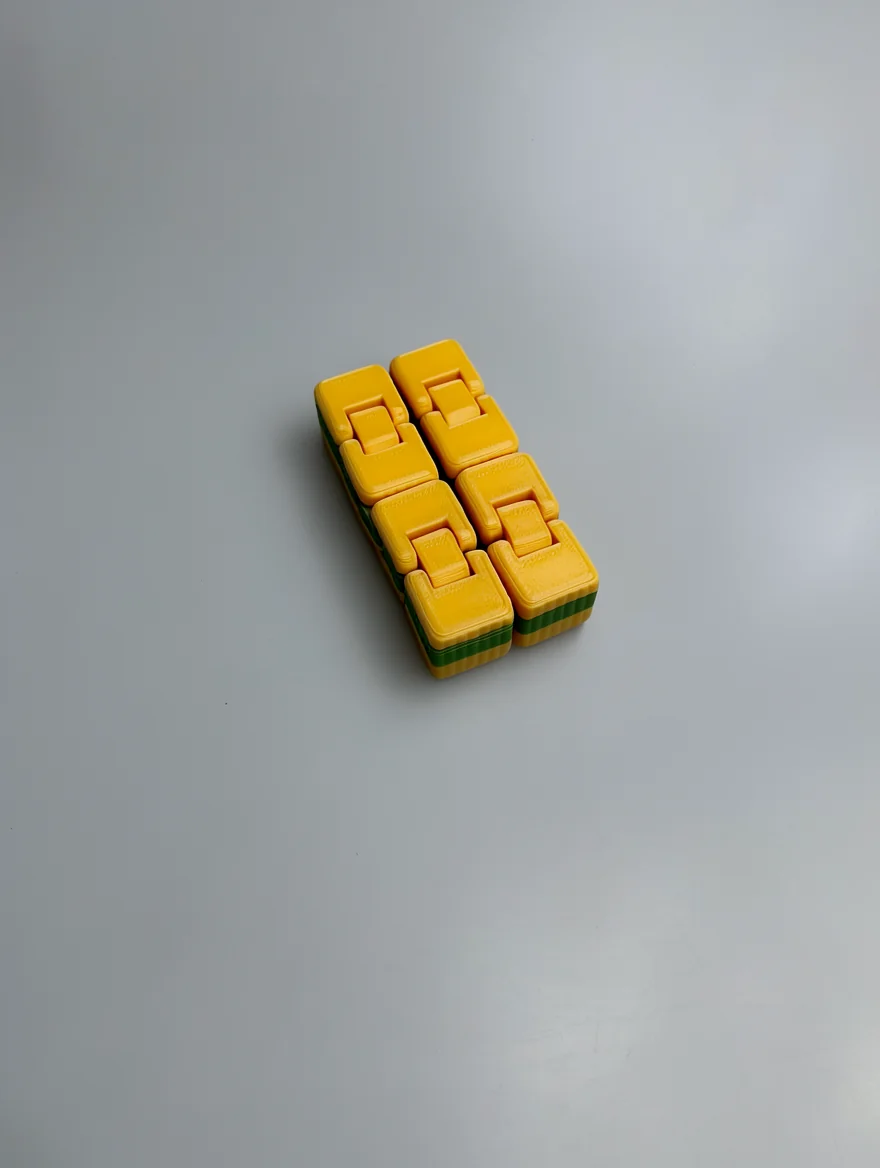 Infinity Cube: yellow and dark green interlocking puzzle toy assembled into a rectangular block