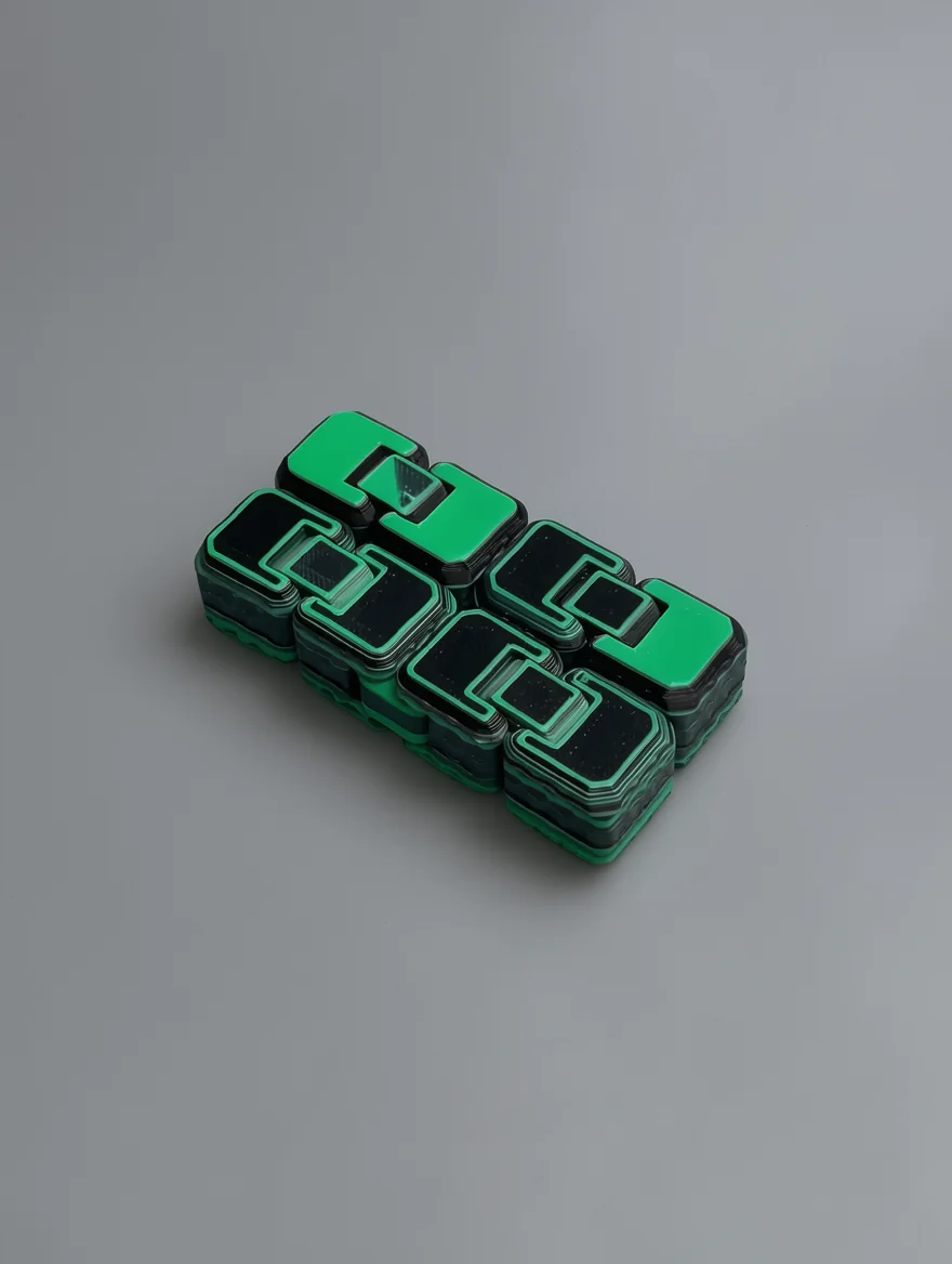 Infinity Cube: green and black abstract geometric logo-style sculpture of four interlocking blocky modules (glyph/monogram…