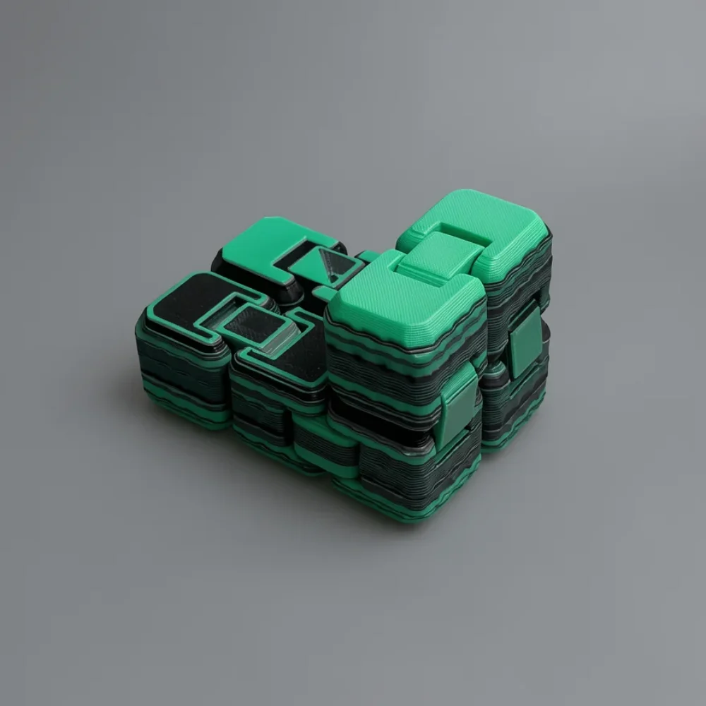Infinity Cube: green and black abstract blocky geometric sculpture made of fused rounded rectangular blocks, with forms…