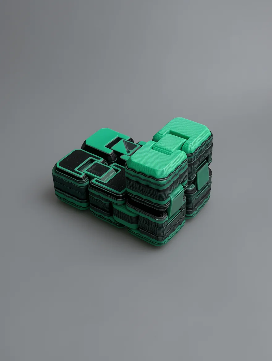 Infinity Cube: green and black abstract blocky geometric sculpture made of fused rounded rectangular blocks, with forms…