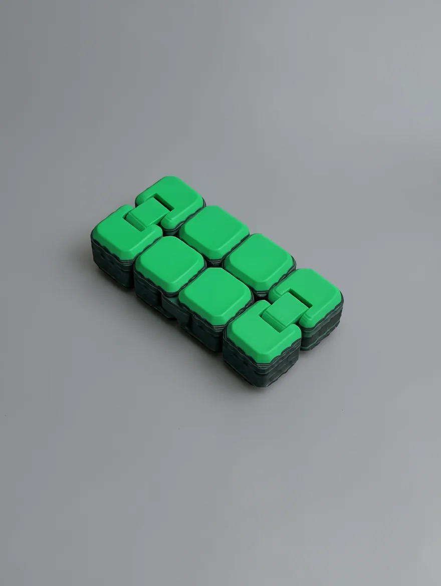 Infinity Cube: green and black geometric cluster of small block units (green top caps seated on dark charcoal bases) with…