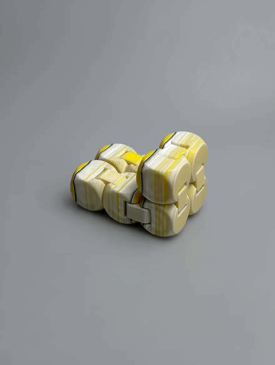 Infinity Cube: cream / off-white and yellow segmented interlocking 3D-printed toy