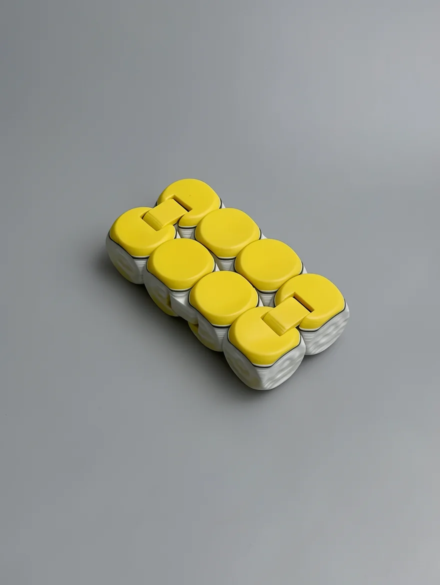 Infinity Cube: yellow and white / light gray cluster of eight small flip-lidded container pods packed in a tight 2x4 grid…