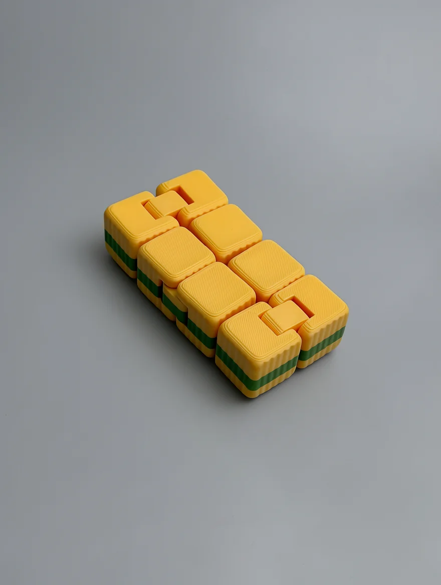 Infinity Cube: yellow and green segmented interlocking puzzle block structure