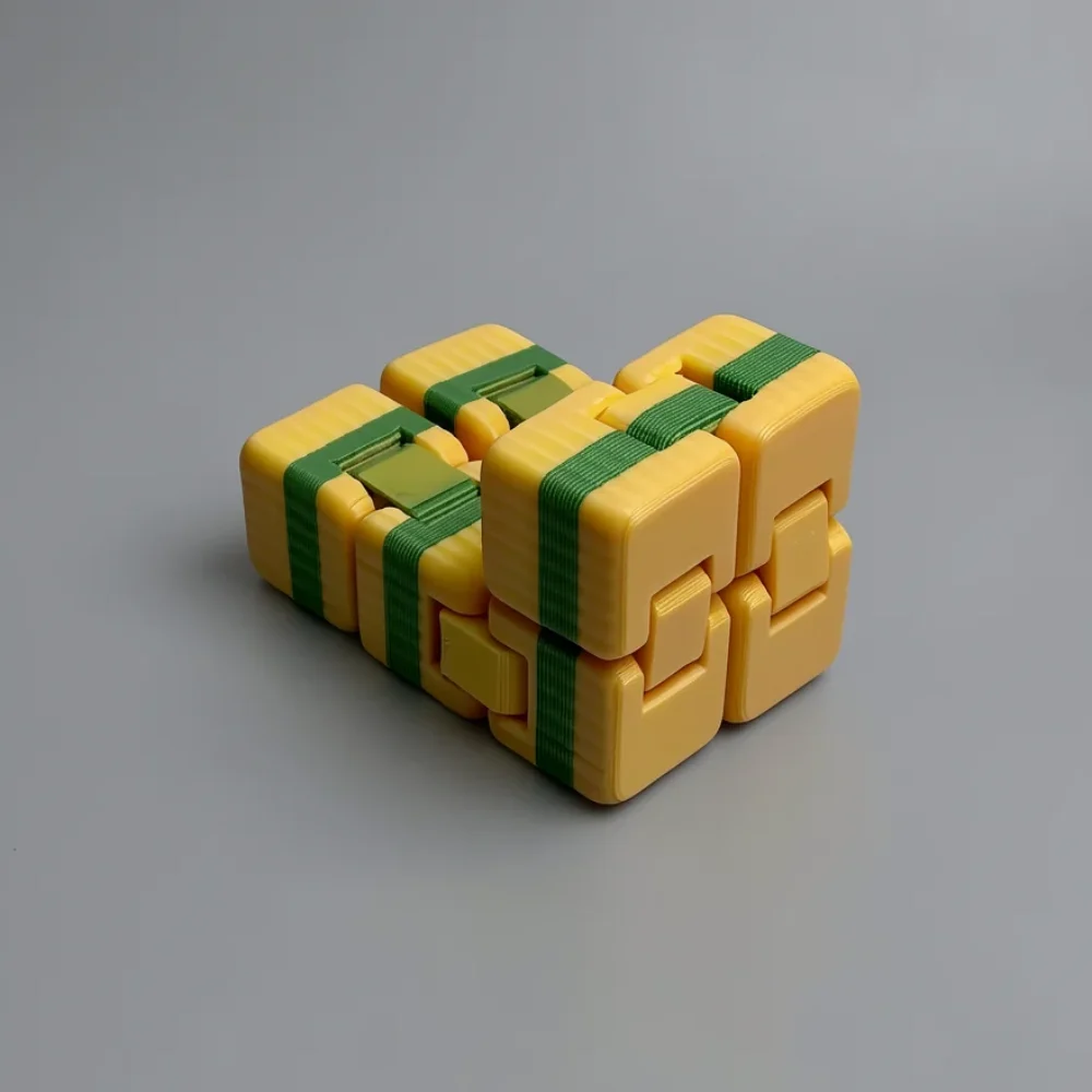 Infinity Cube: yellow and green articulated interlocking mechanical puzzle, interlocking mustard-yellow plastic segments